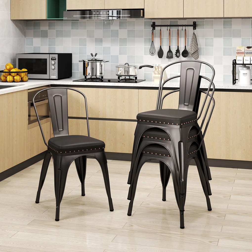 Conjunto de 4 cadeiras de jantar bistrô em metal empilháveis, cadeiras de cozinha acolchoadas, cadeiras de jardim com encosto 44 x 53 x 84 cm cinza es