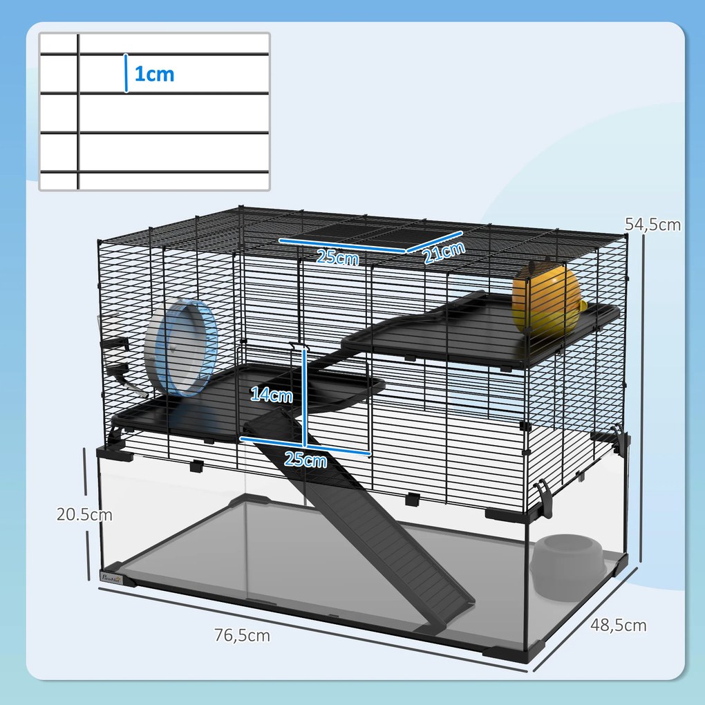 Gaiola para hamsters e roedores de 3 andares com roda, rampas, casinha, bebedouro e comedouro – 76,5 x 48,5 x 54,5 cm – preta