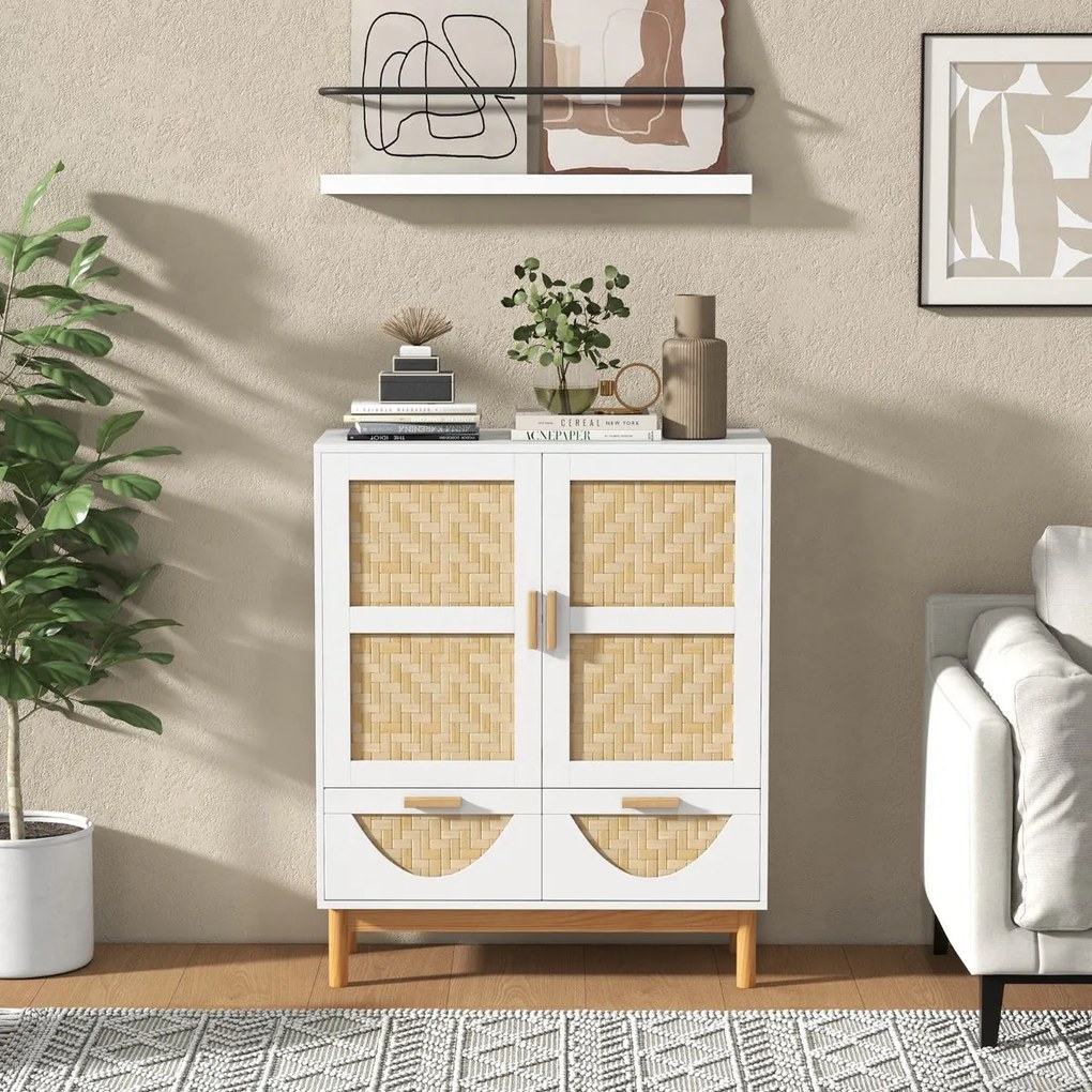 Aparador Tavira com Portas de Bambu e Gavetas – 80x35x98 cm – Branco e