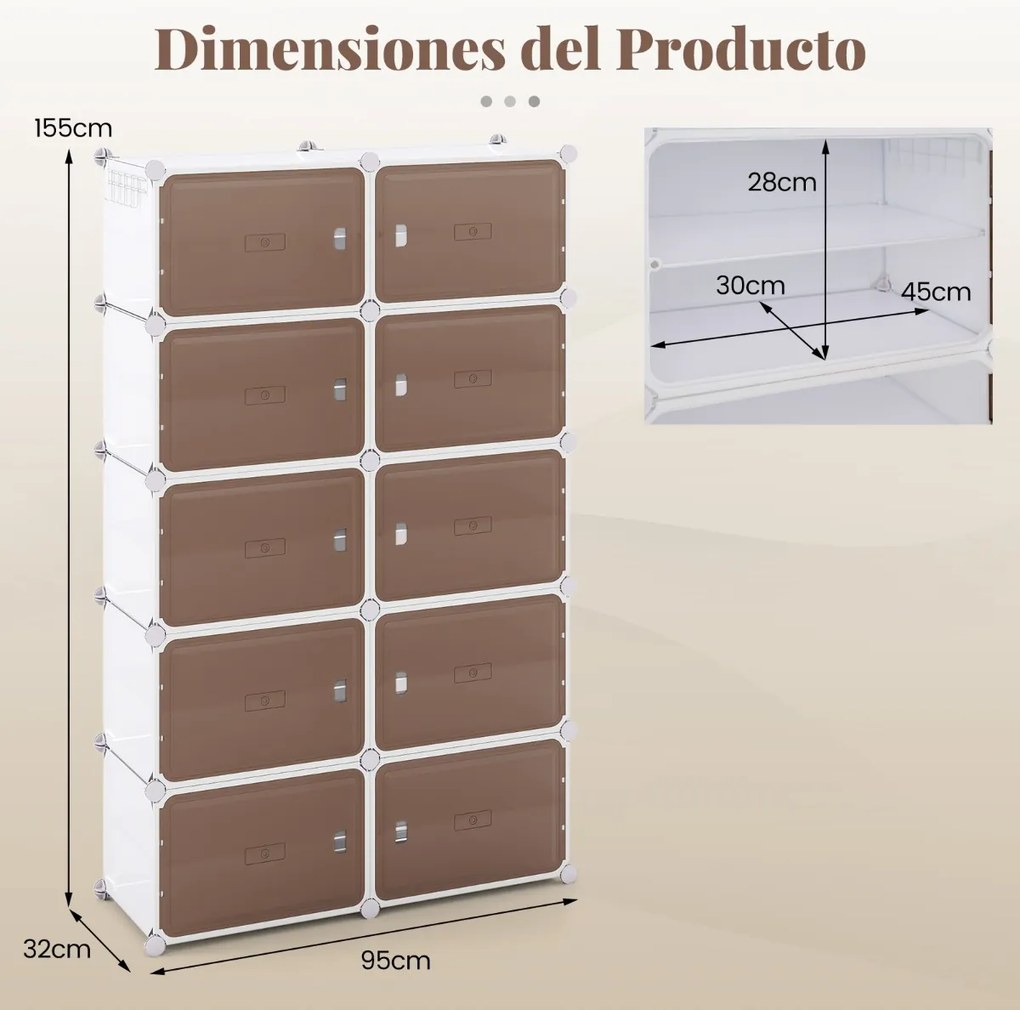 Sapateira com 10 compartimentos 95 x 32 x 155 cm com prateleiras removíveis Ganchos laterais e portas magnéticas branco
