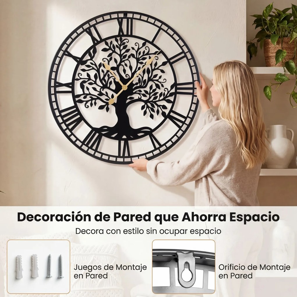 Relógio de parede grande «Árvore da Vida», 68 cm, em metal, silencioso, a pilhas, decoração para sala, quarto e cozinha, preto