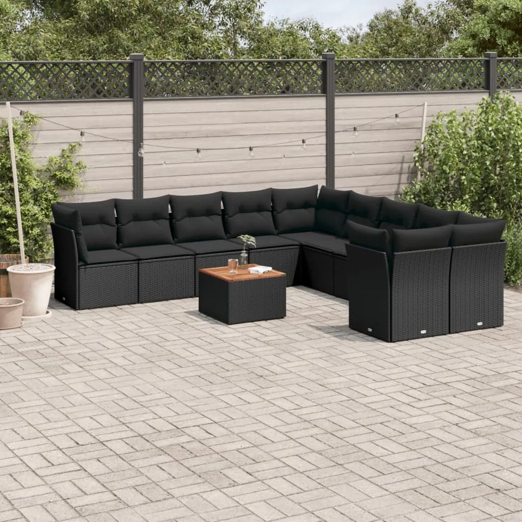 11 pcs conjunto sofás de jardim c/ almofadões vime PE preto