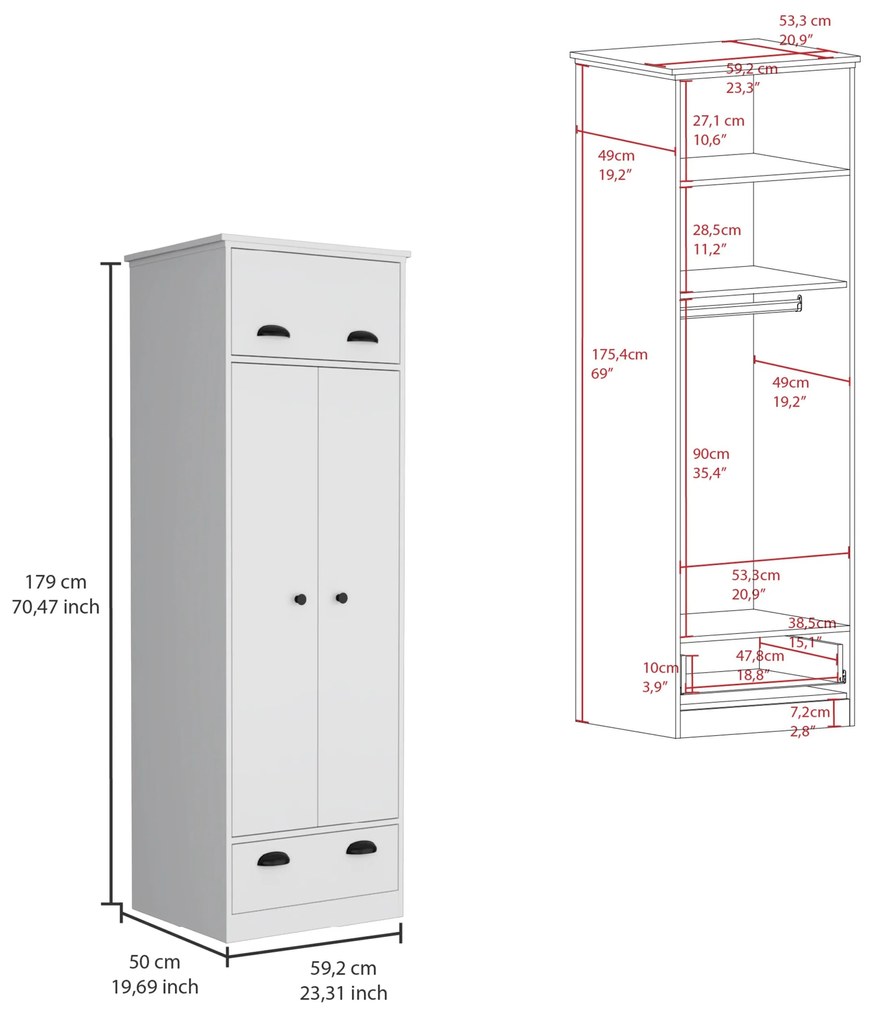 Armário Guarda Roupa branco de 2 portas 179 x 59,2 x 50 cm Falkland.