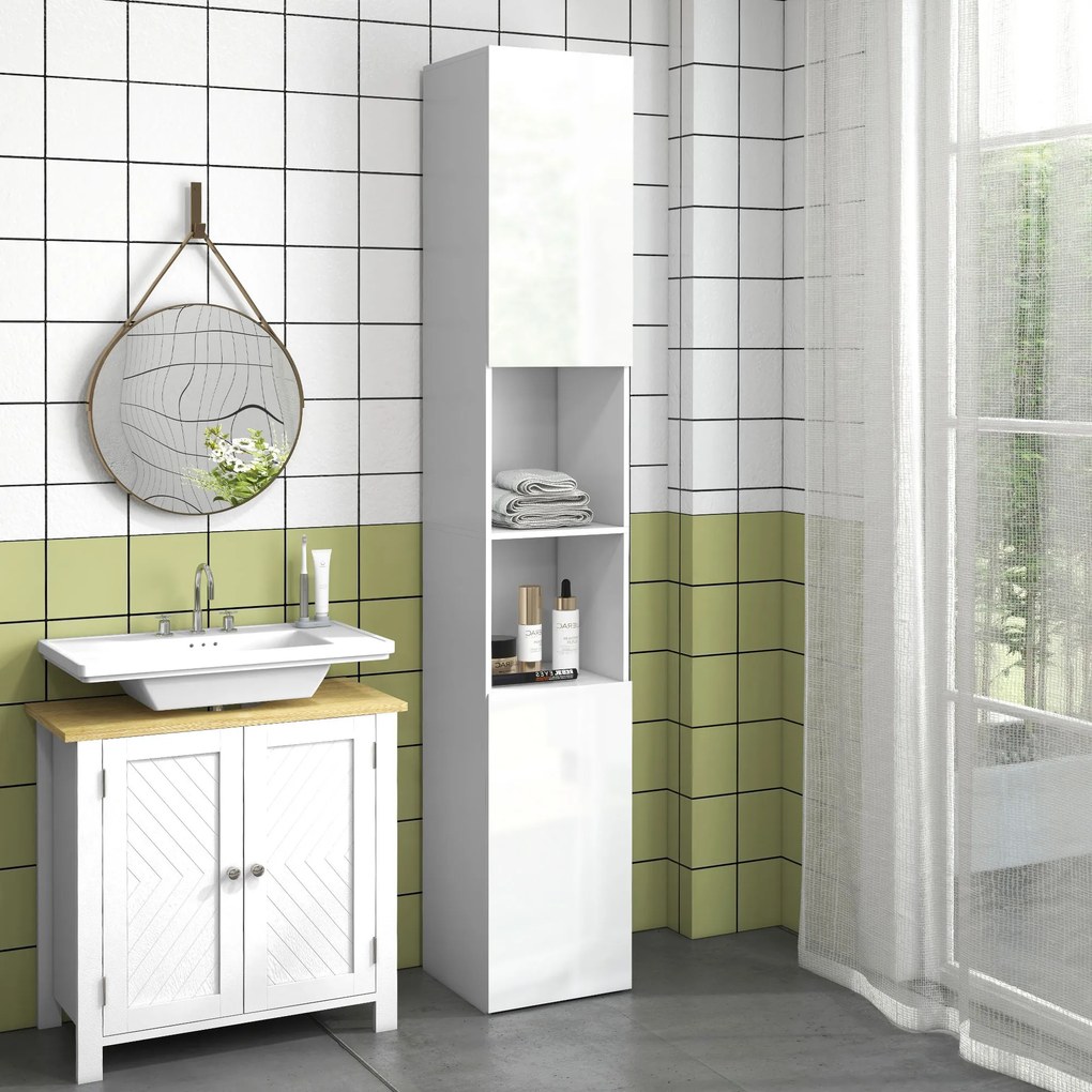 Coluna para casa de banho 30 x 30 x 181,5 cm com 2 portas e prateleiras ajustáveis, branco
