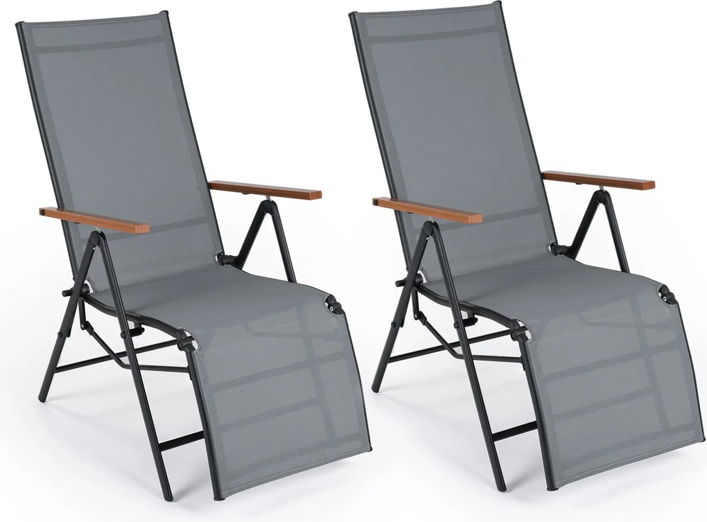 Conjunto de 2 Espreguiçadeiras Dobráveis (MESA NÃO INCLUIDA), 57 x 72-138 x 91-110 cm, Encosto Ajustável em 5 Posições, Cinzento