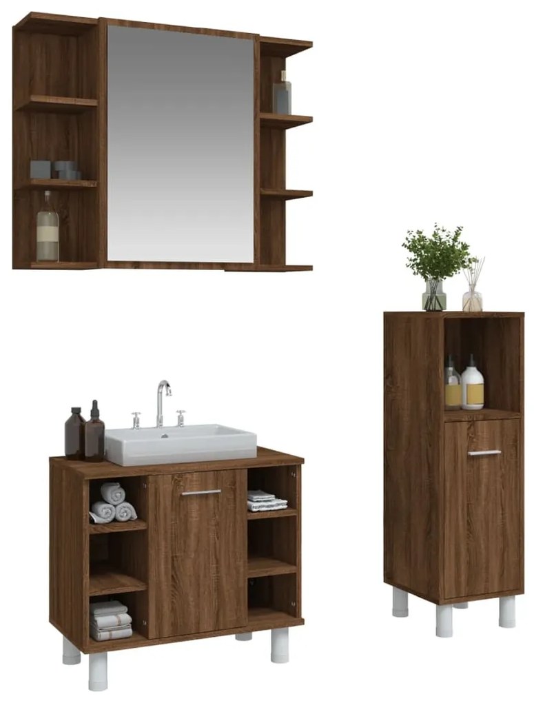 3 pcs conjunto móveis WC derivados de madeira carvalho castanho