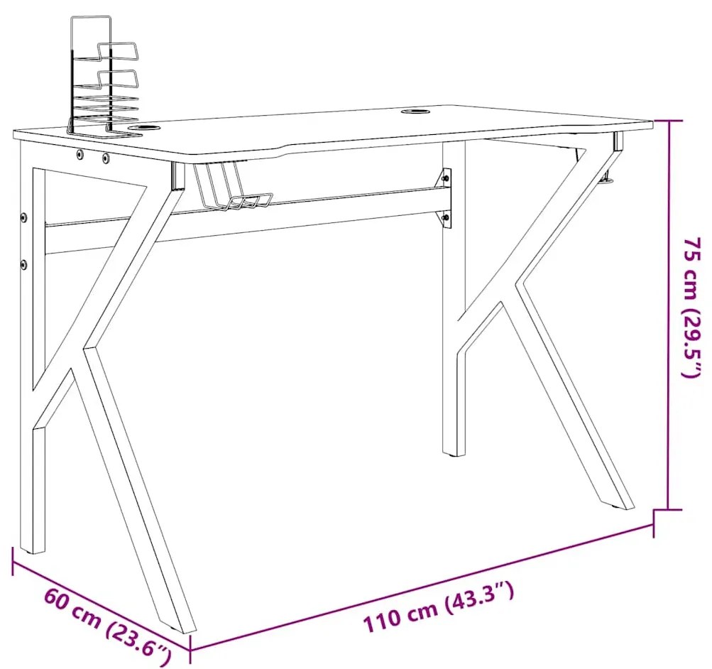 Secretária de gaming c/ pernas em forma de K 110x60x75 cm preto