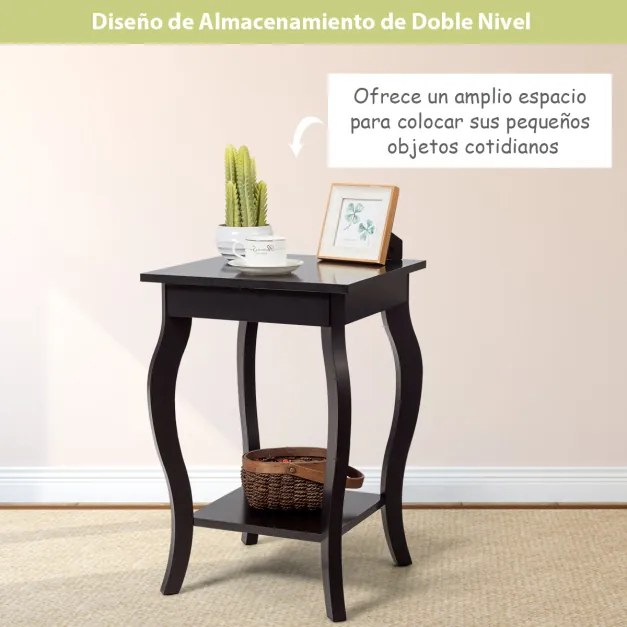 Conjunto de 2 mesas de cabeceira de 2 camadas com pernas curvas para quarto, sala de estar e sala de estar 40 x 40 x 60 cm castanho