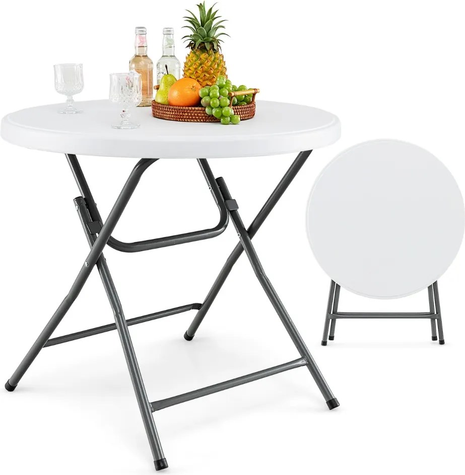 Mesa jardim redonda dobrável 81 x 81 x 73,5 cm  com tampo grosso em HDPE e estrutura metálica robusta para uso interno e externo Branca