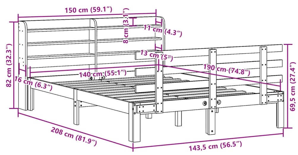 Estrutura de cama c/ cabeceira sem colchão 140x190 cm branco