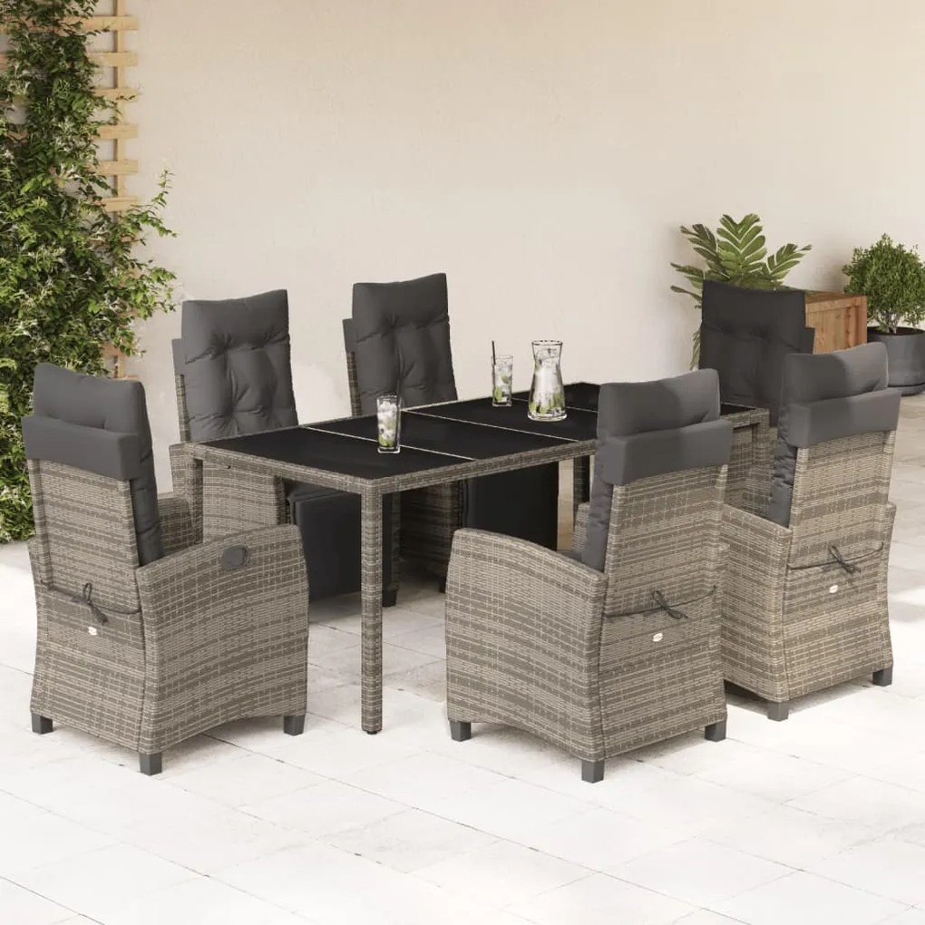 7 pcs conjunto de jantar p/ jardim c/ almofadões vime PE cinza