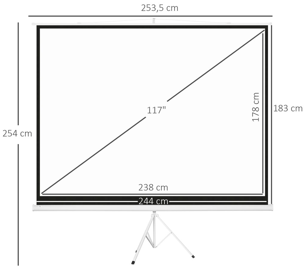 Tela de Projeção Manual com Suporte 120 Polegadas Formato 4:3 com Altura Ajustável 244x183 cm Branco