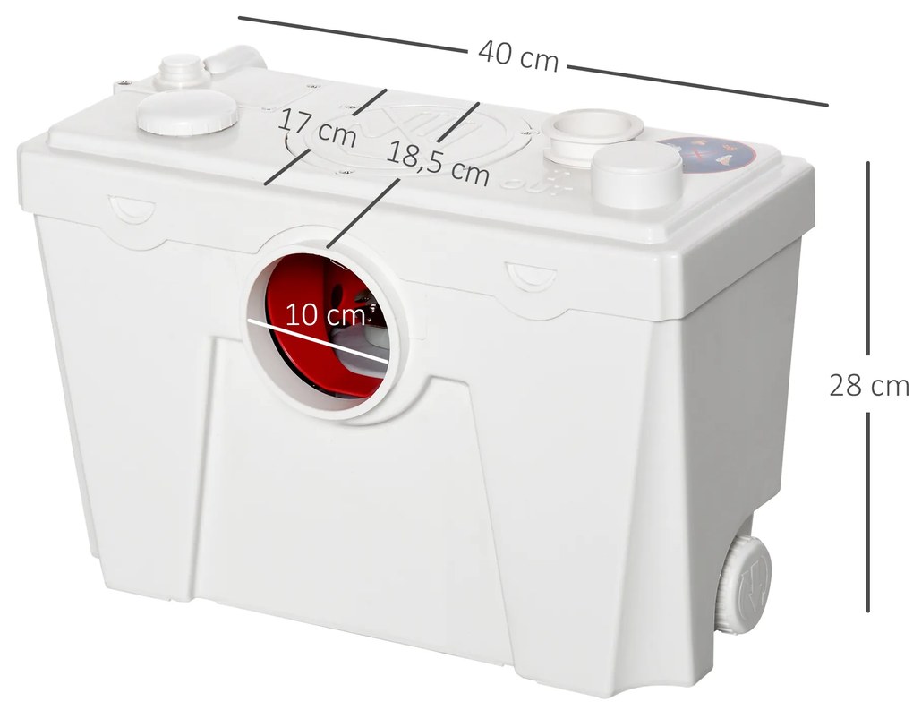 HOMCOM Bomba Trituradora Sanitário de Água Residual com 500 W e 4 Entradas para Casa de Banho Cozinha 40x17,5x28 cm Branco