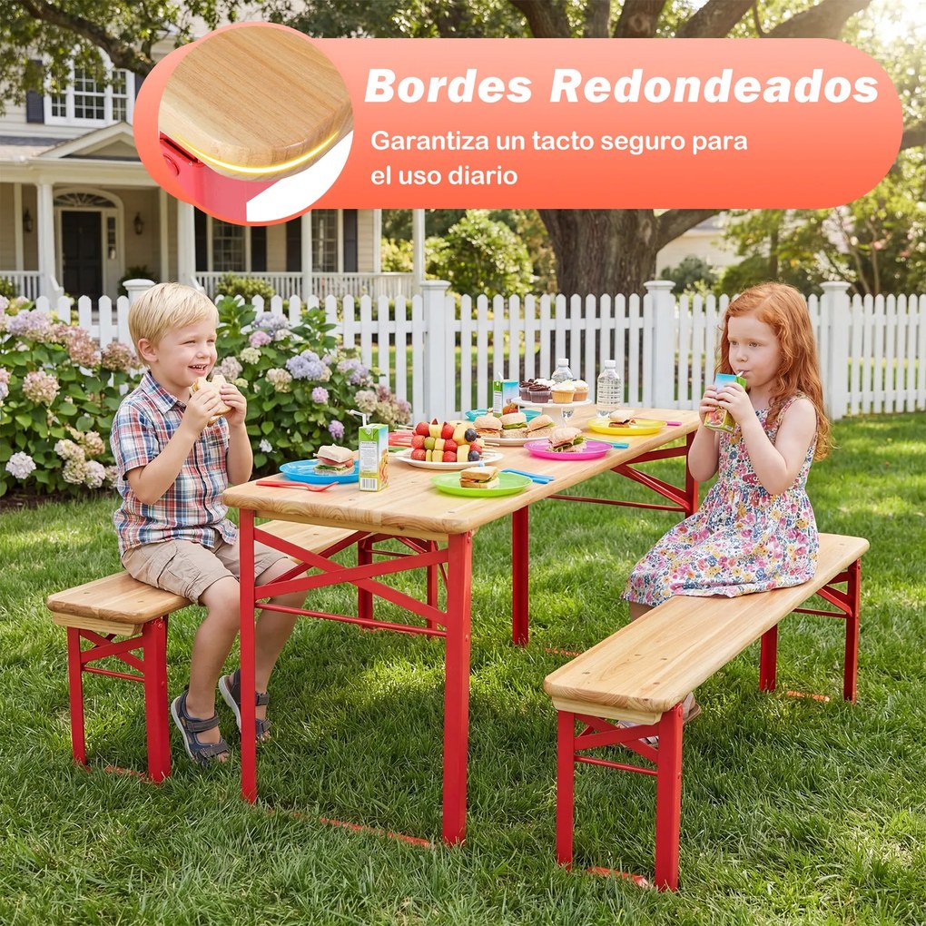 Conjunto de mesa e 2 bancos dobráveis para crianças, com tampo em madeira de abeto e estrutura metálica, para piqueniques de 4 pessoas, idades entre o