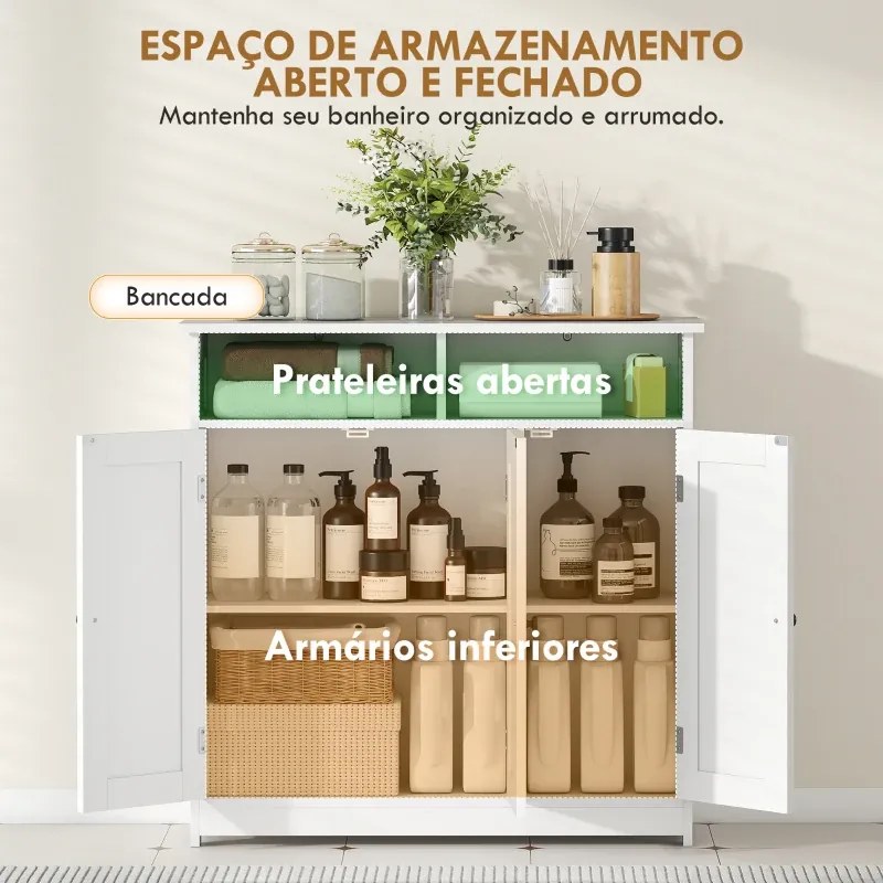 Armário de Casa de Banho Estreito com 3 Portas 2 Compartimentos Abertos Prateleira Ajustável 85x30x85 cm Branco