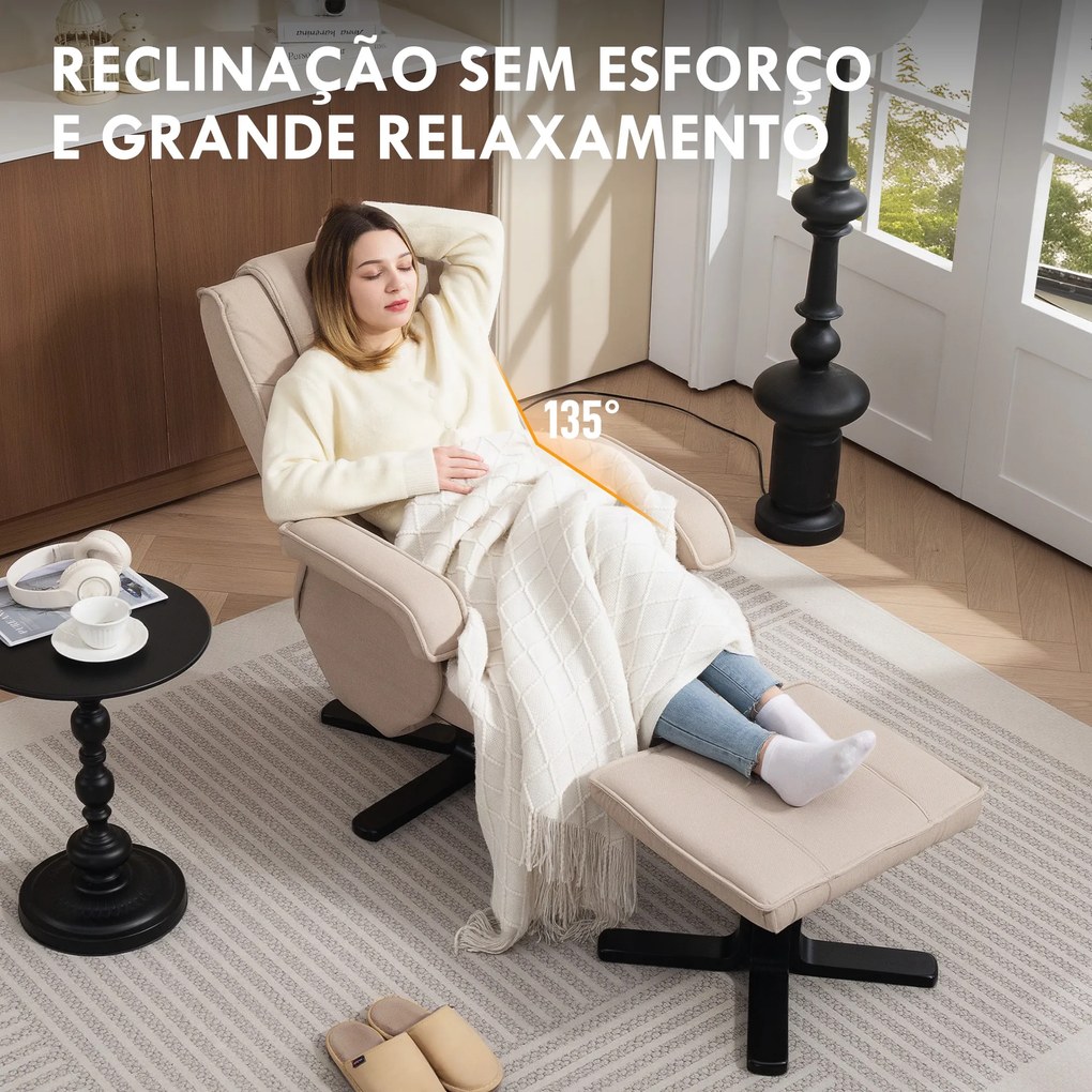 Poltrona Relax Reclinável com Apoio para os Pés Poltrona Giratória Estofada em Linho e Função Baloiço 67x87x96 cm Bege