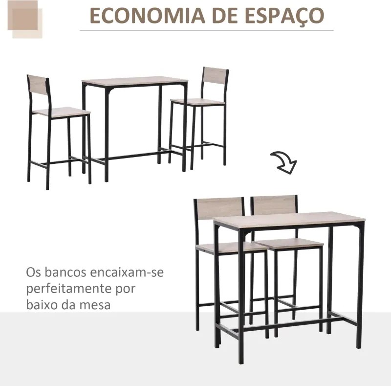 Conjunto de Mesa de Bar com 2 Bancos Conjunto de 3 Peças com 2 Bancos com Encosto e Apoio para Pés Design Industrial Madeira e Preto