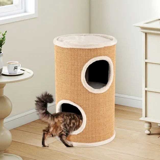 Arranhador para gatos 36 x 59,5 cm em forma de barril com plataforma superior espaçosa, de 2 níveis em sisal natural Caqui
