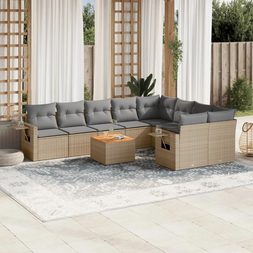 10 pcs conj. sofás jardim c/ almofadões vime PE bege misturado