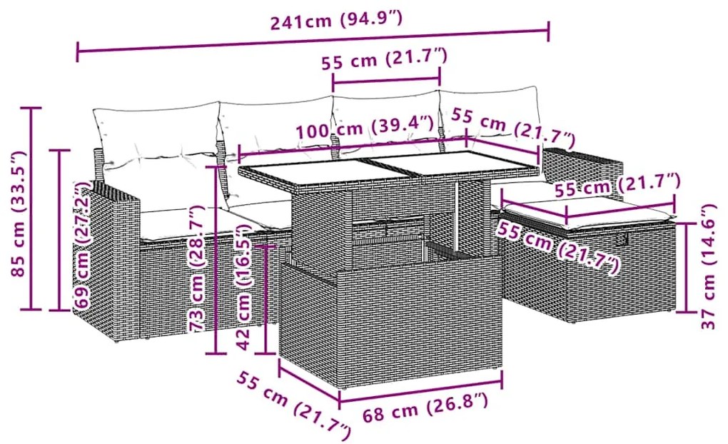 6 pcs conjunto de sofás p/ jardim com almofadões vime PE bege