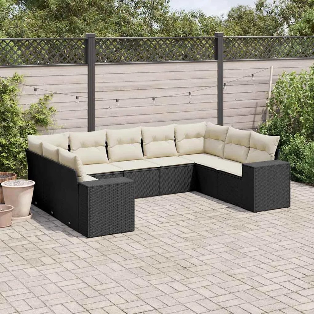 9 pcs conjunto de sofás p/ jardim c/ almofadões vime PE preto