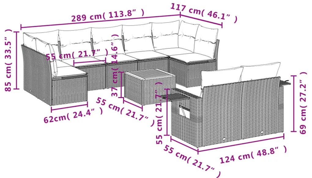 10 pcs conjunto sofás de jardim c/ almofadões vime PE cinzento