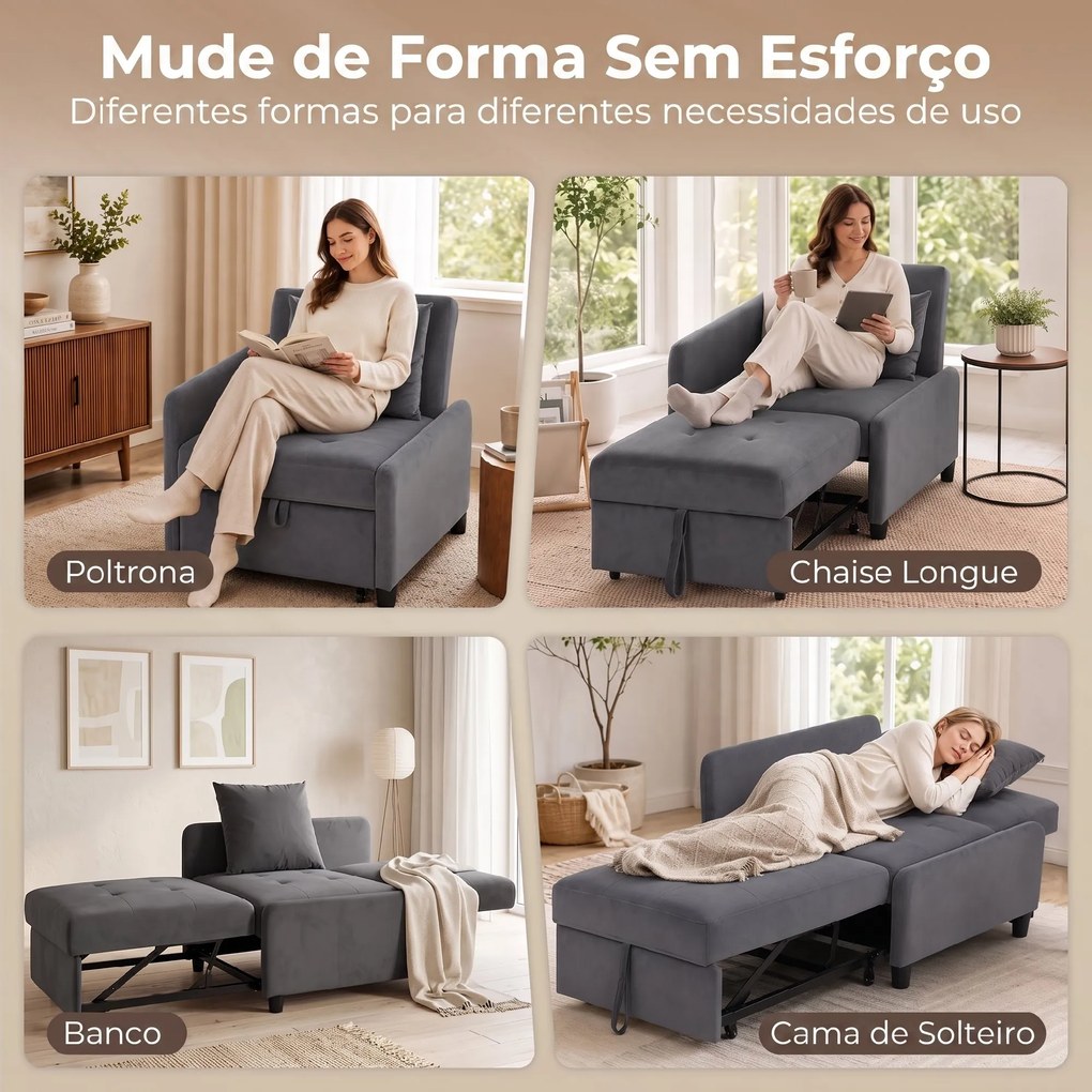 Sofá Cama Individual 4 em 1 Cadeirão-cama em Veludo com Encosto Ajustável e Bolsos Laterais Cinza Escuro