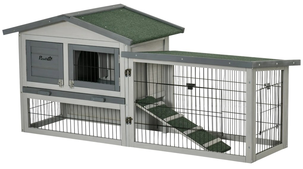 PawHut Coelheira de Madeira Exterior Gaiola Grande para 2 Coelhos de 2 Níveis com Teto Asfáltico Retrátil 154,5x52,5x68,5 Cinza | Aosom Portugal