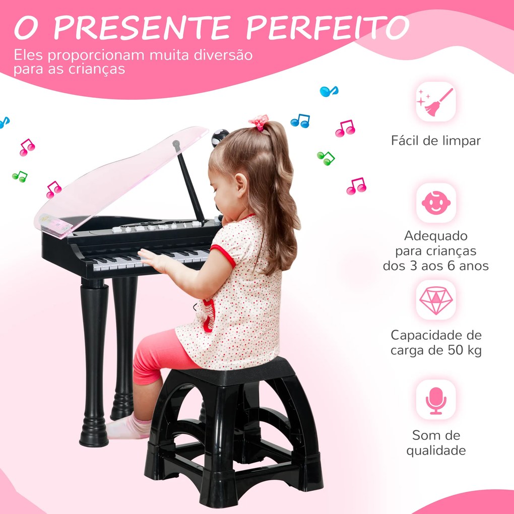 Piano Eletrónico para Crianças com 32 Teclas Microfone banco Luzes 22 Músicas 4 Tons e Volume Ajustável 37x30,5x60,4 cm Preto