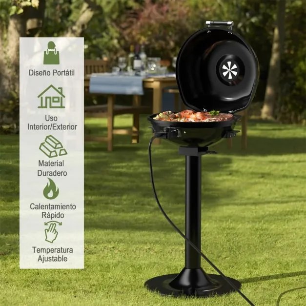 Grelhador elétrico para churrasco portátil com grelha antiaderente removível 52 x 44 x 82 cm Temperatura ajustável 1600W Grelha interior preta