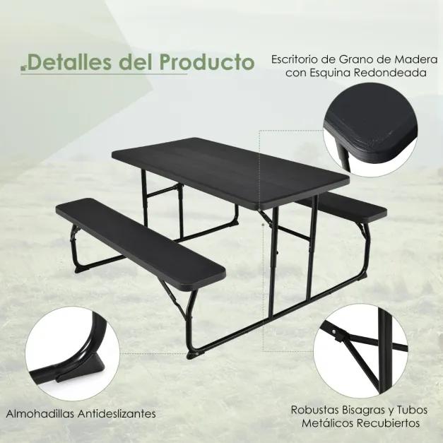 Conjunto de mesa piquenique, campismo dobrável e 2 bancos portátil retangular conjunto de mesa de camping ao ar livre para  jardim Preto