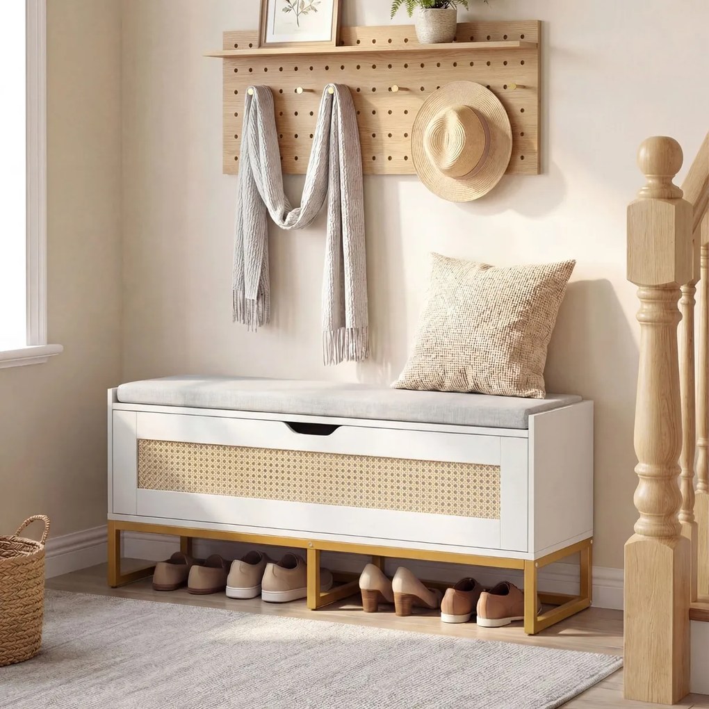 Banco com arrumação 100 x 35 x 44 cm com assento almofadado e dobradiças de segurança branco e dourado