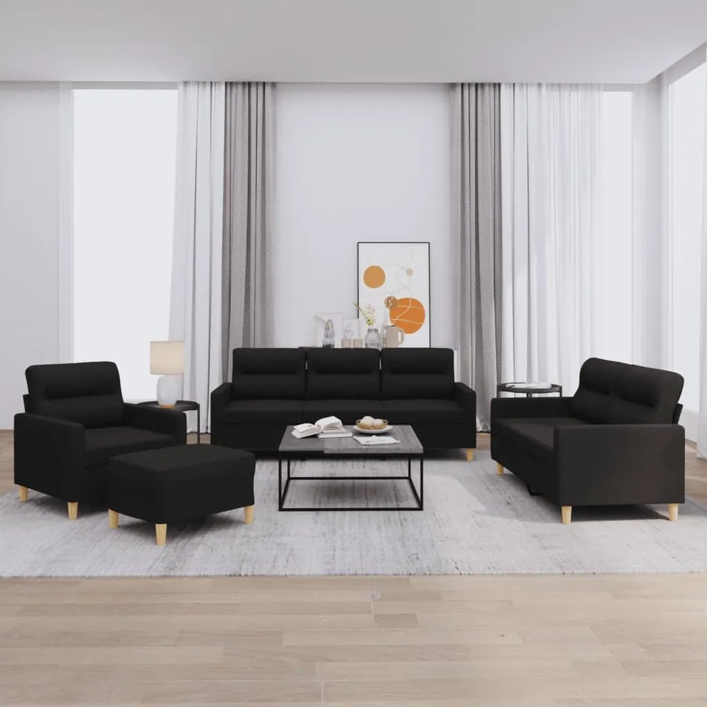 4 pcs conjunto de sofás com almofadões tecido preto