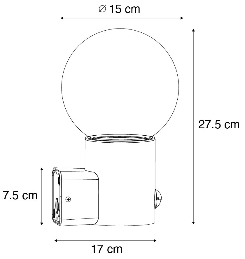Candeeiro de parede exterior preto com vidro opalino com sensor de movimento - Huma Moderno