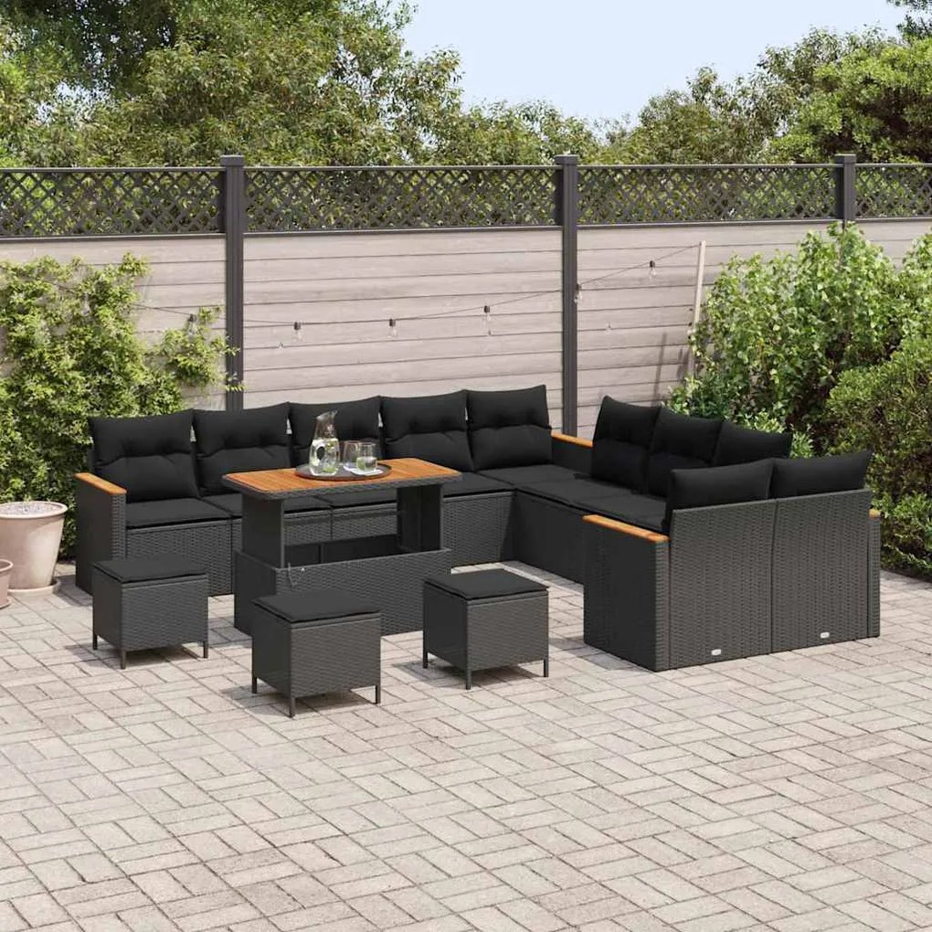 Conjunto de Sofá de Jardim de 14 Peças com Almofadas Preto Rattan Poli