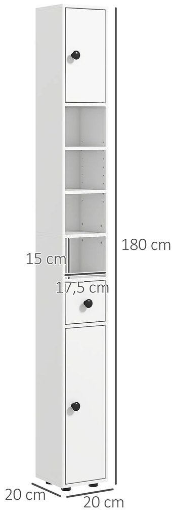 Coluna Casa de Banho Moderna com 1 Gaveta 5 Prateleiras Ajustáveis e 2 Armários 20x20x180 cm Branco