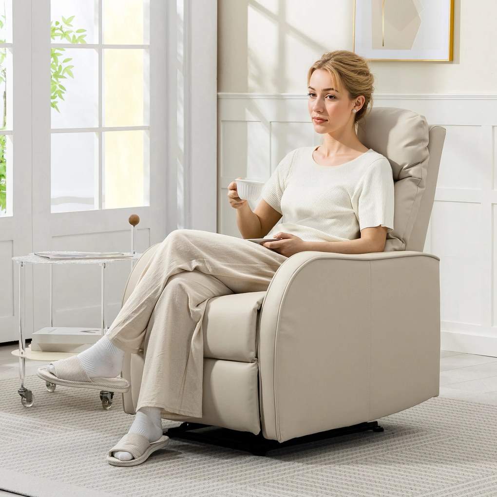Poltrona Relax Reclinável Manual Revestida em PU com Apoio de Pés Retrátil Reclinável até 160º  65x89x100 cm Creme