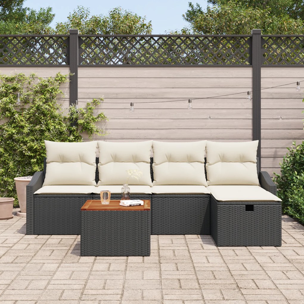 Conjunto de Sofá de Jardim de 6 Peças com Almofadas Preto Rattan Polié