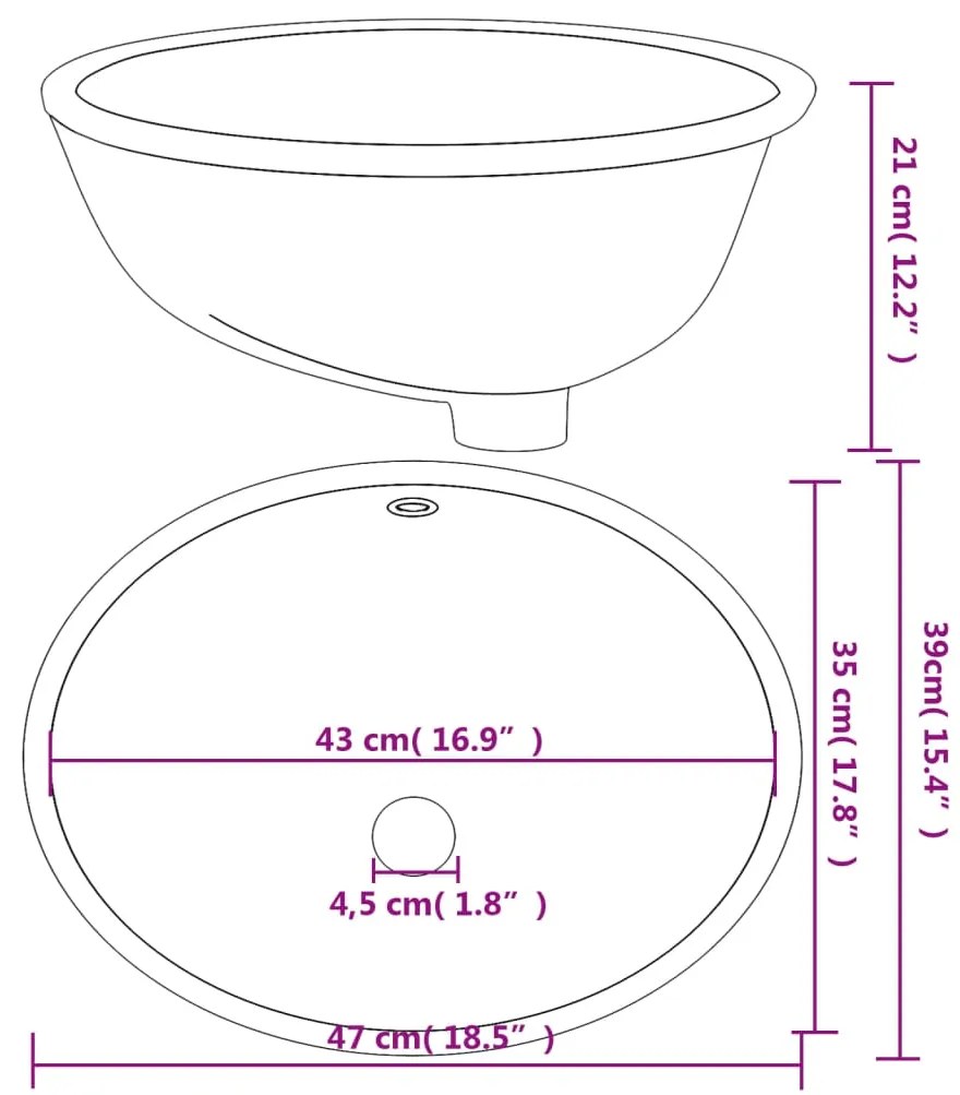 Lavatório casa de banho oval 47x39x21 cm cerâmica branco