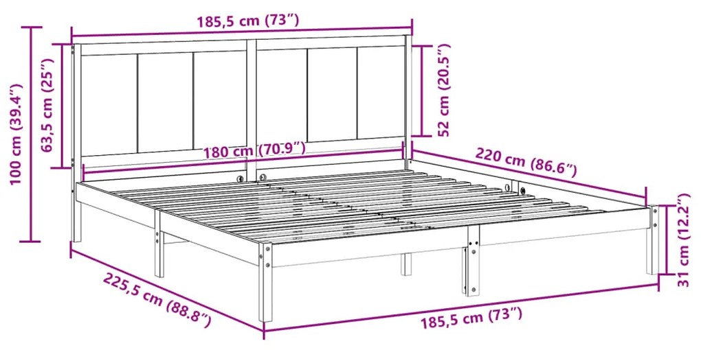 Cama extra longa sem colchão 180x220 cm madeira maciça