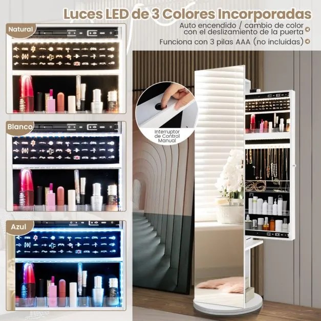 Armario joias rotativos de 360° com espelho de pé, cabide e luzes LED 50 x 50 x 166,5 cm Branco