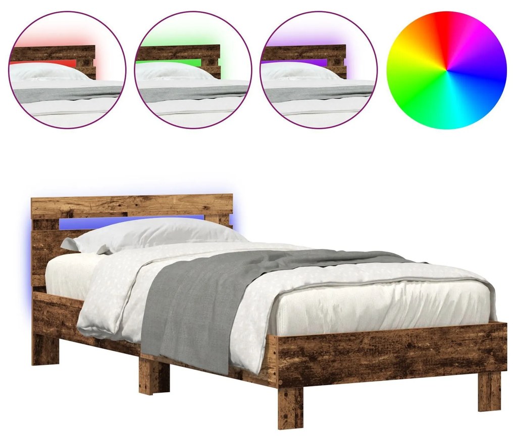 Estrutura de Cama sem Colchão com Luzes LED Madeira Velha 90x190 cm
