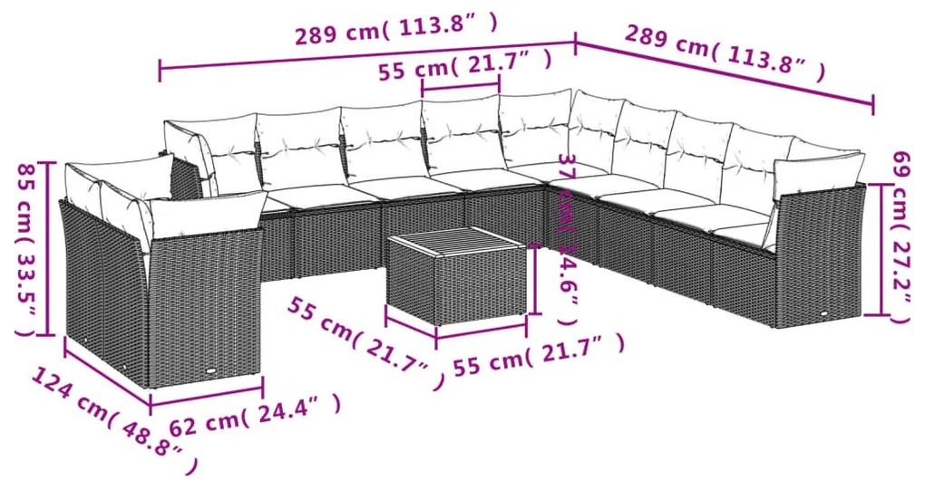 12 pcs conjunto de sofás de jardim c/ almofadões vime PE preto