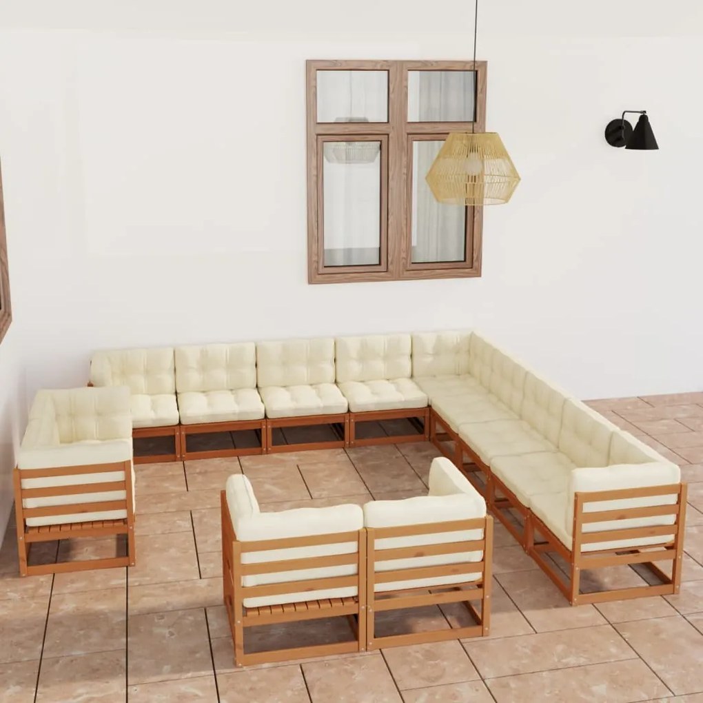 vidaXL 13 pcs conj. lounge jardim almofadões pinho maciço castanho mel