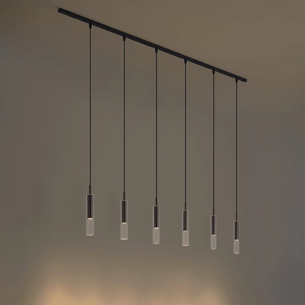 Sistema de calhas de iluminação moderno preto com 6 candeeiros suspensos em bronze escuro monofásico - Slimline Loyce