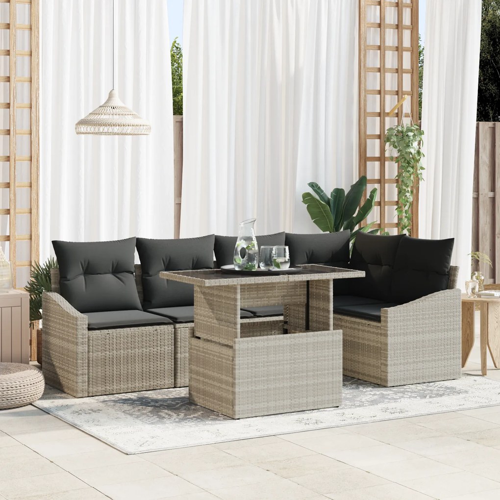 Conjunto de Sofá de Jardim com 6 Peças e Almofadas Cinza Claro em Ratt
