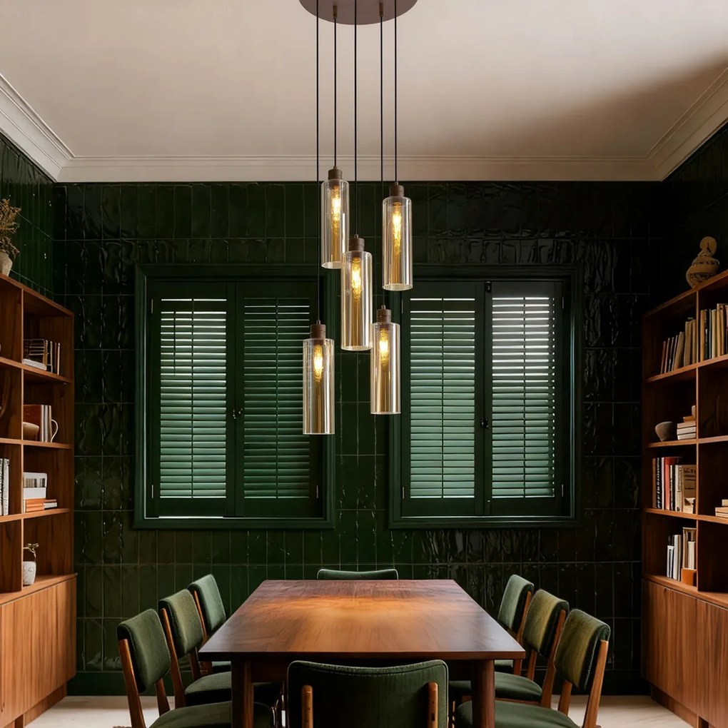 Candeeiro suspenso Hotel Chic bronze escuro com vidro âmbar 5 luzes - Stavelot