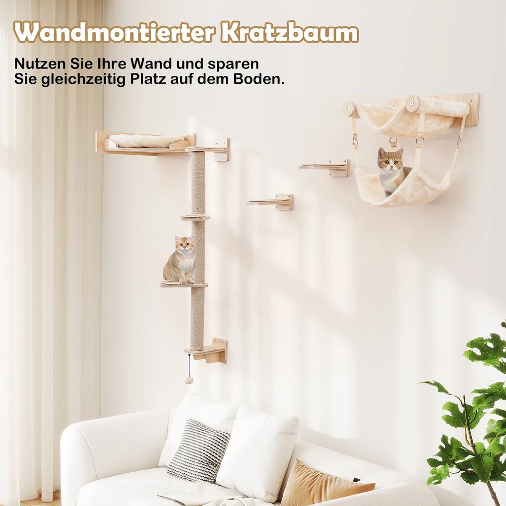 5 PCS Parede de Escalada e Arranhador para Gatos com Plataformas, Postes de Juta, Cama para Gatos, 2 redes Natural