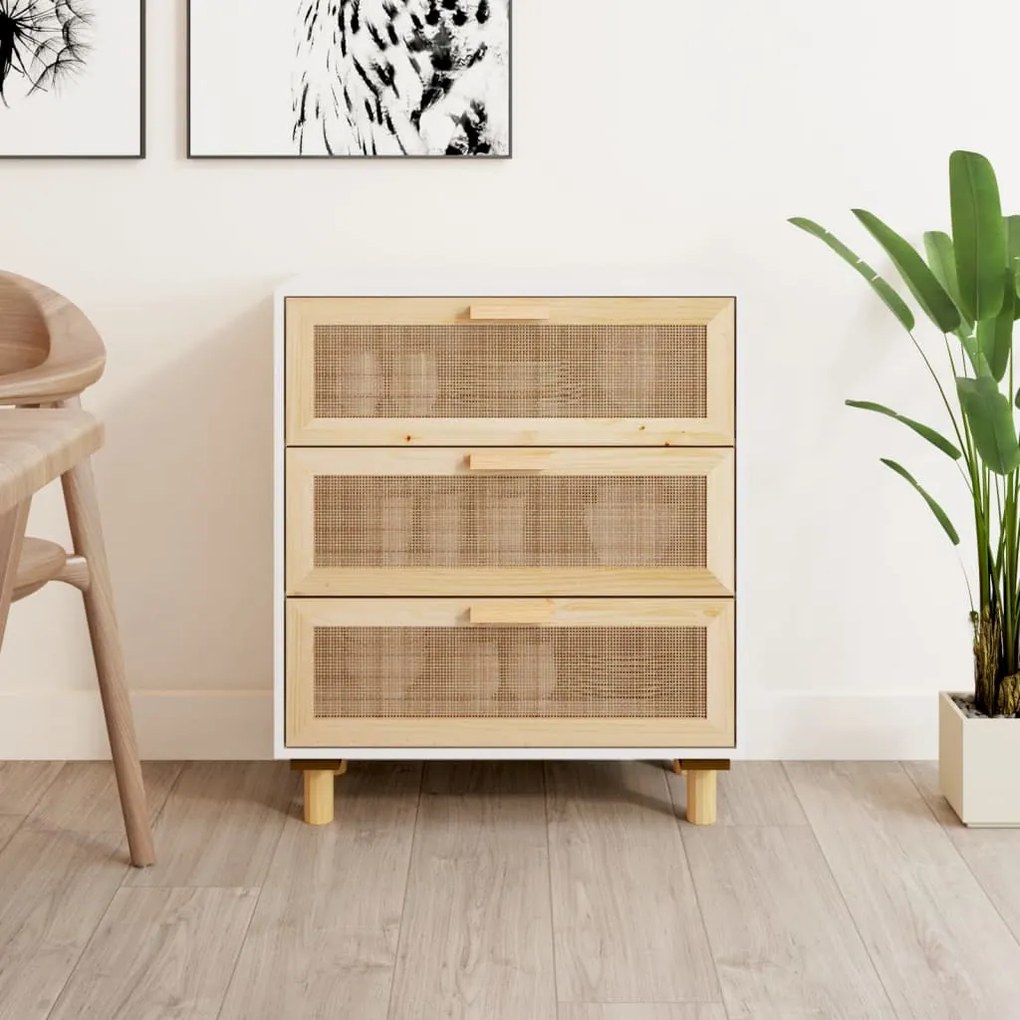 345633 vidaXL Aparador 60x30x70 cm madeira pinho maciça/vime natural branco