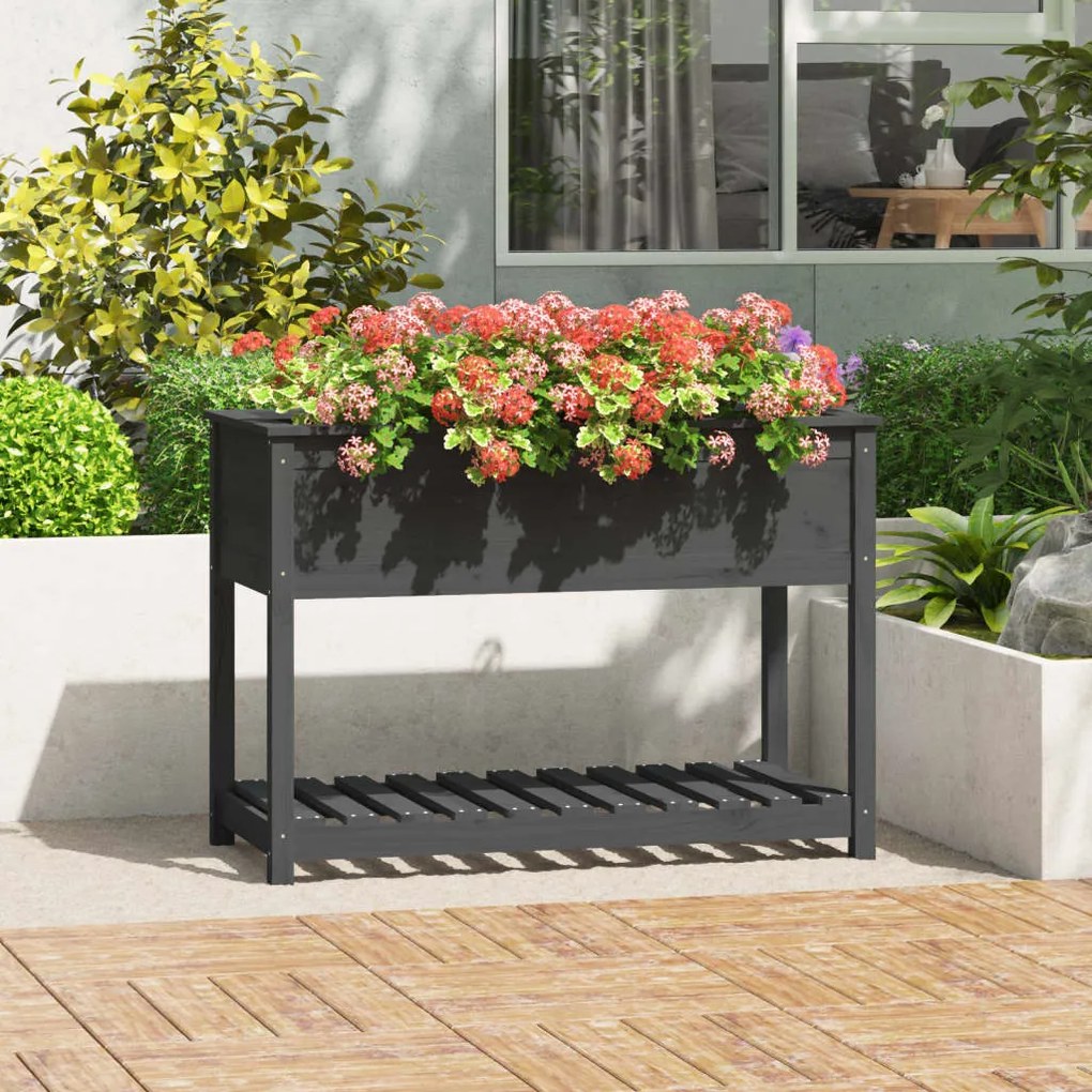 vidaXL Vaso/floreira com prateleira 111,5x54x81 cm pinho maciço cinza